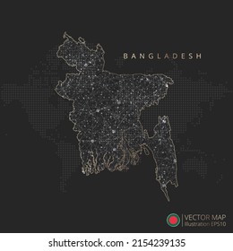 Mapa bangladesí de malla geométrica abstracta concepto de luz poligonal con líneas de contorno de color blanco y negro países y puntos sobre fondo oscuro. Ilustración del vector