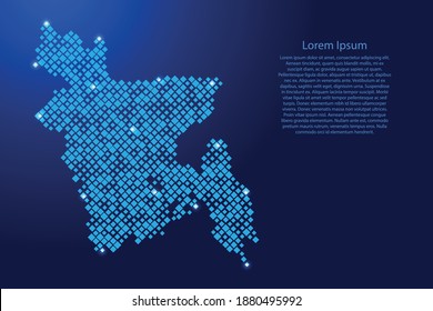 Bangladesh map from blue pattern rhombuses of different sizes and glowing space stars grid. Vector illustration.