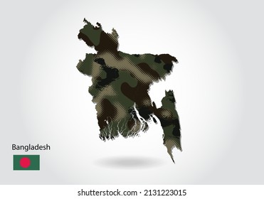 mapa de bangladesh con patrón de camuflaje, textura verde forestal en el mapa. Concepto militar para el ejército, los soldados y la guerra. escudo de armas, bandera.