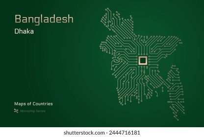Bangladesh Map with a capital of Dhaka Shown in a Microchip Pattern with processor. E-government. World Countries vector maps. Microchip Series	