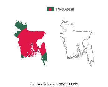 Bangladesh map city vector divided by outline simplicity style. Have 2 versions, black thin line version and color of country flag version. Both map were on the white background.