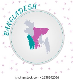 Bangladesh map design. Map of the country with regions in emerald-amethyst color palette. Rounded travel to Bangladesh poster with country name and airplanes background. Vibrant vector illustration.