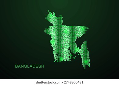 Bangladesh Map - Digital dotted map with glowing green points on dark background, modern technology style, abstract data network design, clean minimal geometric vector illustration.