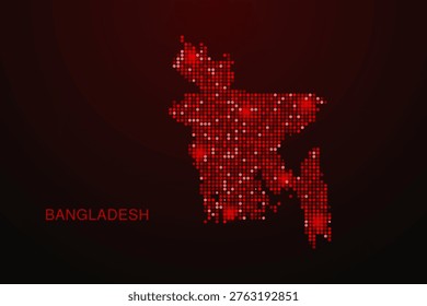 Bangladesh Map - Digital dotted map with glowing red points on dark background, modern technology style, abstract data network design, clean minimal vector illustration.