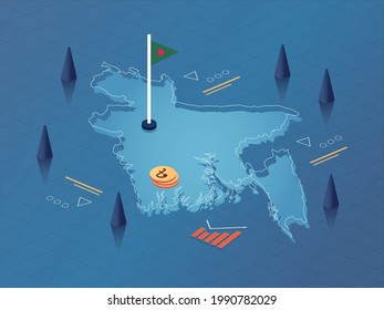 Bangladesh Map, Flag and Currency Modern Isometric Business and Economy Vector Illustration Design