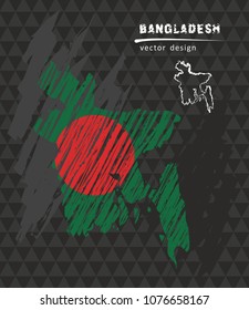 Bangladesh map with flag inside on the black background. Chalk sketch vector illustration