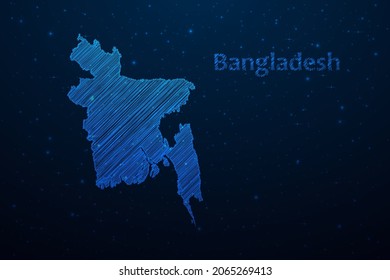 Bangladesh map hand drawn scribble sketch.Vector map in futuristic style on dark blue space background. Vector illustration.