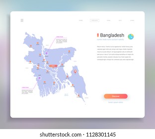 Bangladesh map infographics vector template with cities, capital Dhaka and pointer marks.