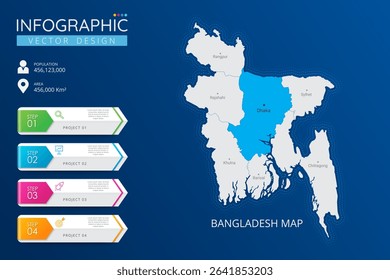 Bangladesh map with location pointer marks. High detailed country map with division, cities and capital infographic template. Vector illustration EPS10