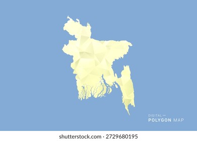 Mapa de Bangladesh en estilo de Vector de polígono de polietileno bajo, ilustración de forma geométrica con tonos amarillos suaves sobre fondo azul, silueta limpia para infografía.