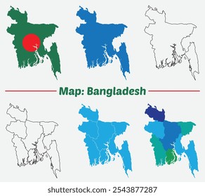 Bangladesh map with national flag map Bangladesh map vector illustration. Drawing with a black line.