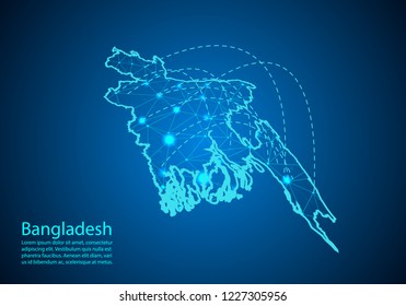 bangladesh map with nodes linked by lines. concept of global communication and business. Dark bangladesh map created from white dots with travel locations or internet connection.