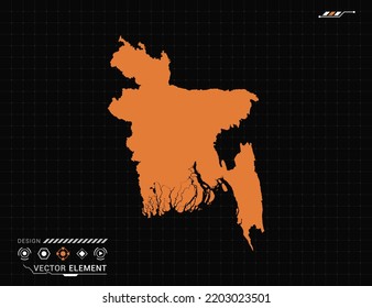 Mapa bangladesí del marco digital naranja HUD, GUI, interfaz de interfaz de interfaz de usuario vector de radar.