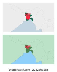 Bangladesh map with pin of country capital. Two types of Bangladesh map with neighboring countries. Vector template.