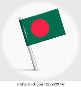 Bangladesh map pin flag icon. Bangladeshi pennant map marker on a metal needle. 3D realistic vector illustration.
