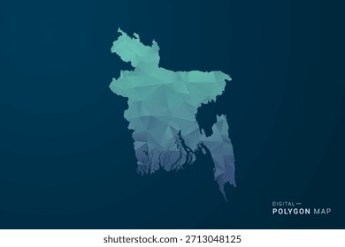 Mapa de Bangladesh - Ilustração vetorial estilo polígono com gradiente azul-escuro, baixo design geométrico poly, digital e tecnologia inspirada, Silhueta limpa no fundo escuro.