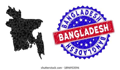 Bangladesh map polygonal mesh with filled triangles, and scratched bicolor stamp seal. Triangle mosaic Bangladesh map with triangular vector model, triangles have different sizes, and positions,