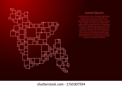 Bangladesh map from red pattern from a grid of squares of different sizes and glowing space stars. Vector illustration.