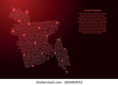 Bangladesh map from red pattern of the maze grid and glowing space stars grid. Vector illustration.