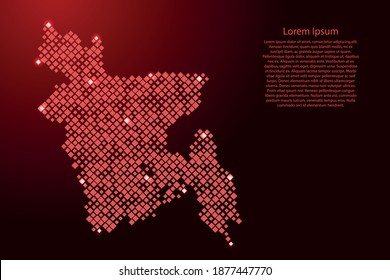 Mapa bangladesí de rojos patrones de diferentes tamaños y rejilla de estrellas espaciales brillantes. Ilustración vectorial.