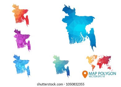 Mapa de Bangladesh - Conjunto de geométrico arrugado triangular bajo estilo poli gradiente de fondo gráfico, mapa de diseño poligonal mundial para su. Ilustración vectorial eps 10.