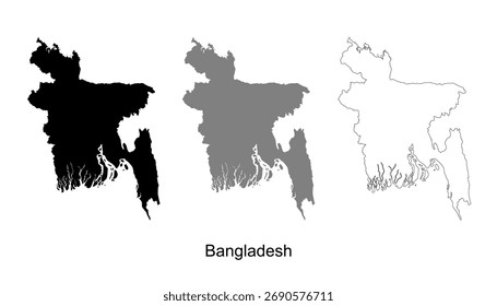 Conjunto de mapas de Bangladesh. Vector del mapa de Bangladesh. Mapa de Bangladesh sobre silueta, gris y contorno