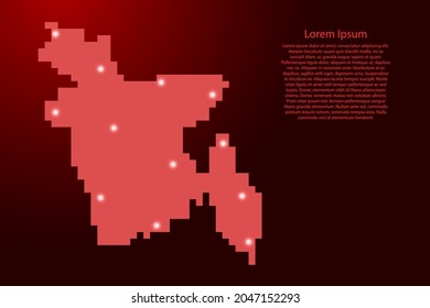 Bangladesh map silhouette from red square pixels and glowing stars. Vector illustration.