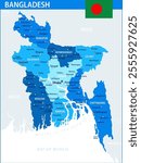 Bangladesh Map Vector Blue Spot - Customizable layered political map of Bangladesh with administrative divisions for website, education, reports, news, politics, print, poster and wallpaper