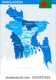 Bangladesh Map Vector Blue Spot - Customizable layered political map of Bangladesh with administrative divisions for website, education, reports, news, politics, print, poster and wallpaper