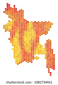 Bangladesh map. Vector hexagon territorial plan using orange color shades. Impressive Bangladesh map concept is made with fire hex-tile blots.