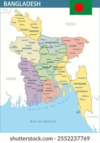 Bangladesh Map Vector New 2024 Colorful - Customizable layered political map of Bangladesh with administrative divisions for website, education, reports, news, politics, print, poster and wallpaper