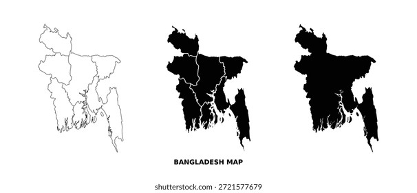 Bangladesch-Kartenvektorsatz mit Verwaltungsaufteilungen in Schwarz-Weiß, Landschaftsbild