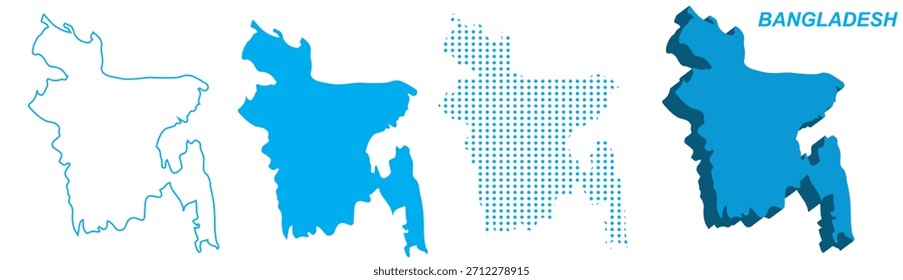 Conjunto de vetor do mapa de Bangladesh, Sul da Ásia Contorno Silhueta Pontilhada Formas Sólidas 3D, Bangladesh Country Infographic Template, EPS Editável Bangladesh Geography