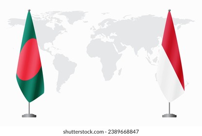 Bangladesh and Monaco flags for official meeting against background of world map.