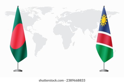 Bangladesh and Namibia flags for official meeting against background of world map.