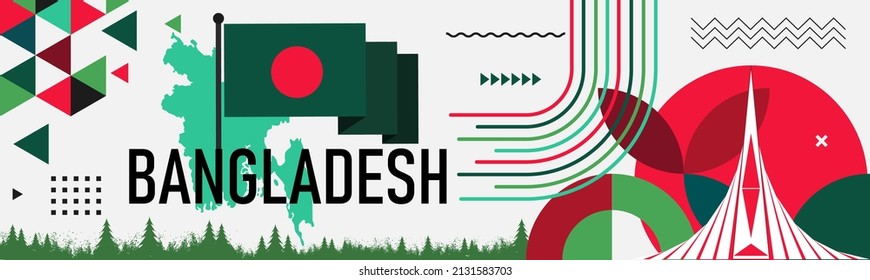 Bangladesh national day banner with Bengali flag colors theme background and geometric abstract retro modern green red design. Bangladesh Dhaka map icon. Vector Illustration.