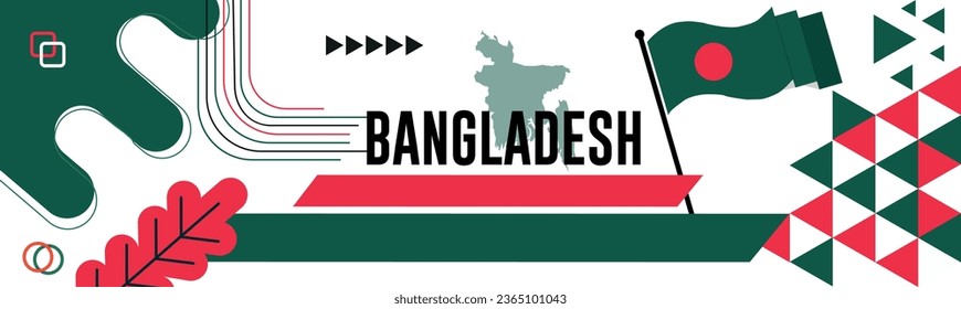 BANGLADESH national day banner with map, flag colors theme background and geometric abstract retro modern colorfull design with raised hands or fists. 