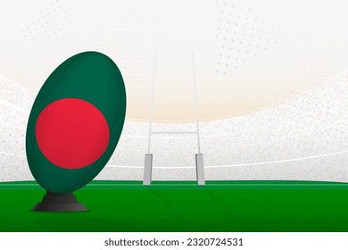 La selección nacional de rugby de Bangladesh en el estadio de rugby y postes de gol, preparándose para un penal o patada libre. Ilustración vectorial.