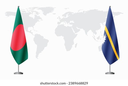 Bangladesh and Nauru flags for official meeting against background of world map.