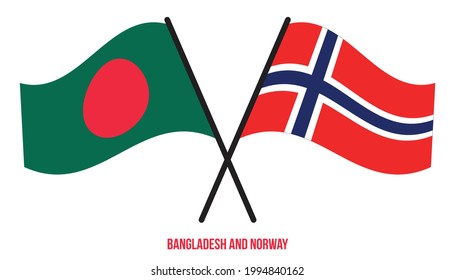 Bangladesh and Norway Flags Crossed And Waving Flat Style. Official Proportion. Correct Colors.