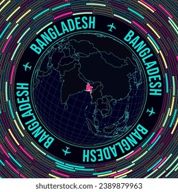 Bangladesh on globe. Satelite view of the world centered to Bangladesh. Bright neon style. Futuristic radial bricks background. Powerful vector illustration.