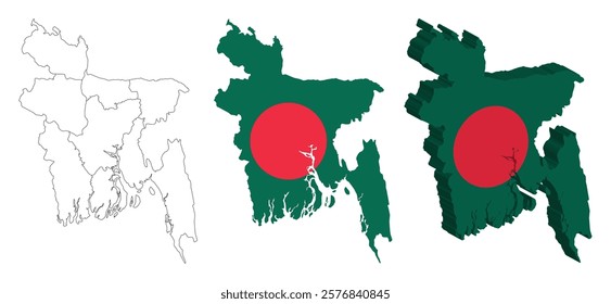 Bangladesh outline, fill with flag and 3d map