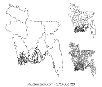 Bangladesh outline map vector with administrative borders, regions, municipalities, departments in black white colors