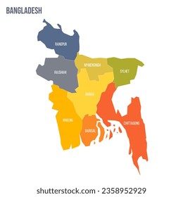 Bangladesh political map of administrative divisions - divisions. Colorful spectrum political map with labels and country name.
