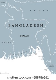 Bangladesh Political Map With Capital Dhaka And Borders. English Labeling. Peoples Republic Of Bangladesh. Country In South Asia On The Bay Of Bengal. Gray Illustration. Vector.