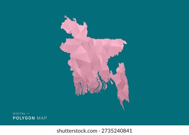Bangladesh polygon map vector illustration in low poly geometric style, soft pastel colors with pink and teal green tones, clean silhouette on solid background, ideal for infographic.
