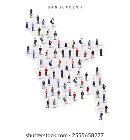 Bangladesh population map. Large group of realistic a diverse crowd of people figures in a shape of Bangladeshi map. Flat vector illustration isolated on white.