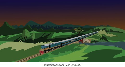 Bangladesh Railway Illustration, Railway line with running train illustration, train illustration, railway with green nature vector art