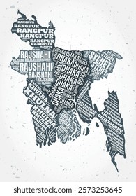 Bangladesh regions word clouds. Country shape on textured background. Bangladesh design in typographic style. Creative vector illustration.
