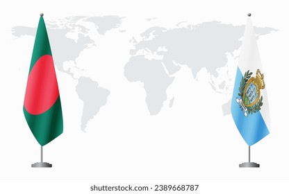 Bangladesh and San Marino flags for official meeting against background of world map.